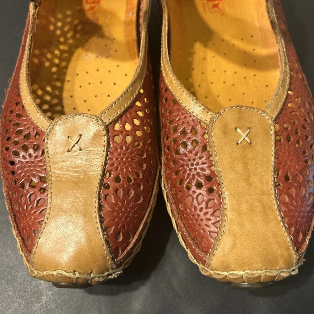 PIKOLINOS Sandia Mary Jane Red Tan Size 39 Leather Flats Women's Shoes In Box